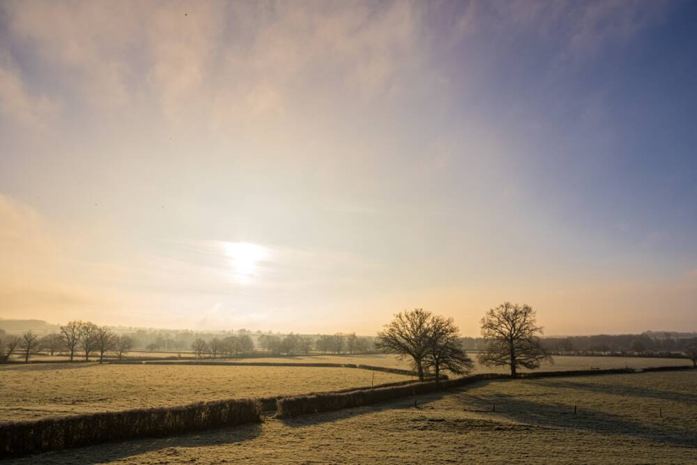 Vue panoramique des champs en bord de Loire au lever du soleil