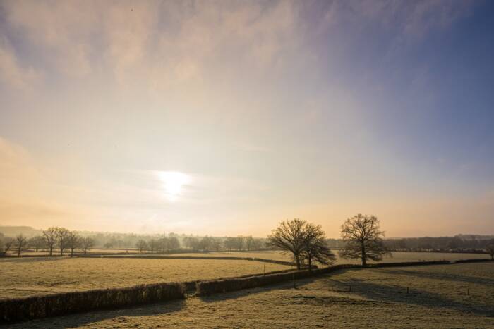Vue panoramique des champs en bord de Loire au lever du soleil