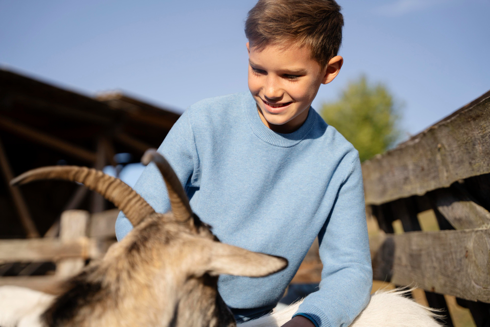 Jeune garçon caressant une chèvre
